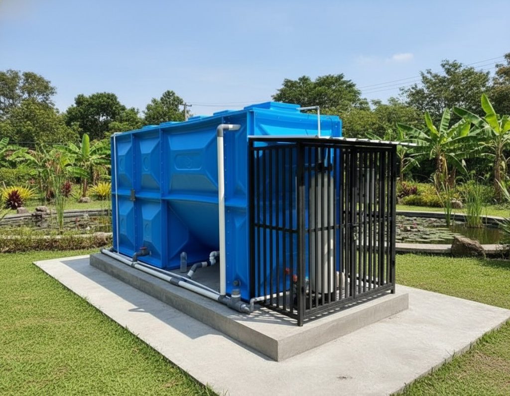 Skema teknis metode pemasangan IPAL MBG yang menunjukkan alur limbah dapur mulai dari grease trap, tanki biofilter fiber, hingga saluran efluen ramah lingkungan.