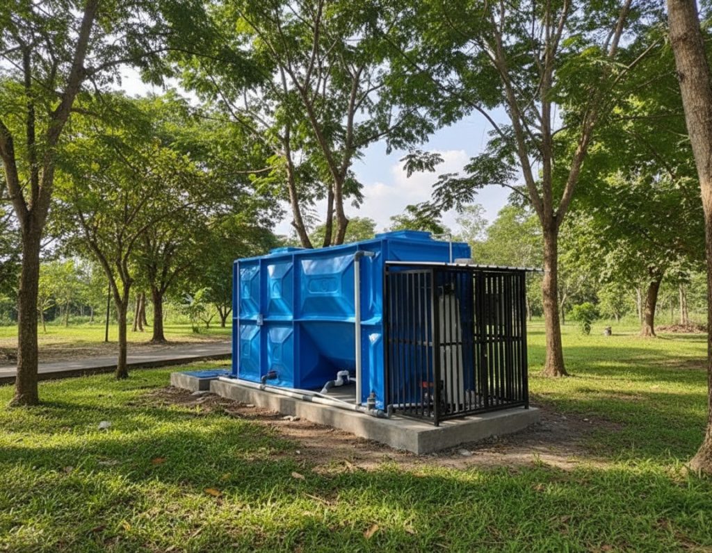 Instalasi sistem IPAL dapur MBG menggunakan teknologi biofilter anaerob aerob untuk pengolahan limbah cair organik.