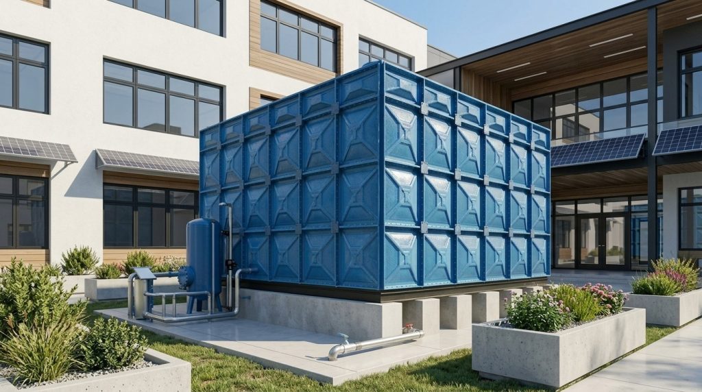 Penampungan air sekolah rakyat menggunakan tangki panel fiberglass FRP sebagai sistem penyediaan air bersih berkapasitas besar untuk mendukung sanitasi dan operasional sekolah.
