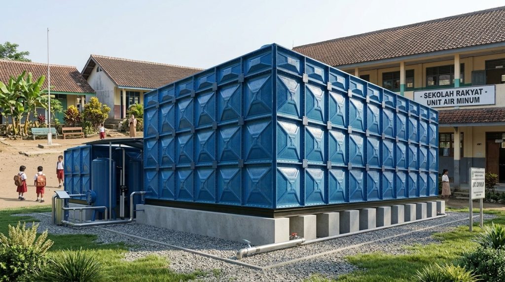 Reservoir air sekolah rakyat berbahan fiberglass FRP sebagai sistem penyimpanan air bersih berkapasitas besar untuk mendukung sanitasi dan operasional sekolah.